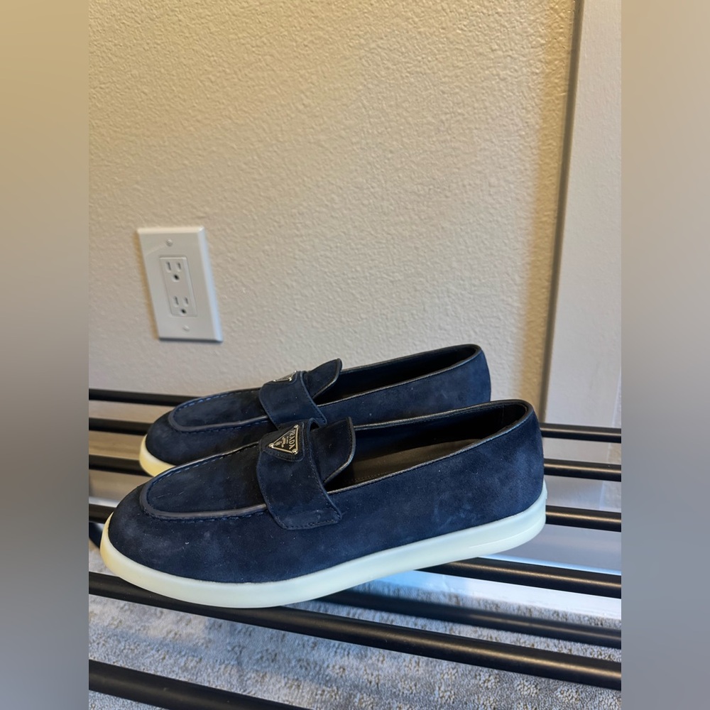 Prada Navy Suede Slip-On Loafers with Cream Platform Soles - Picture 5 of 7